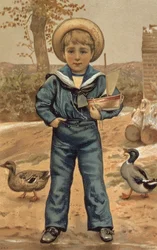 ボート、ビクトリア朝のカードを持つ船乗りの少年